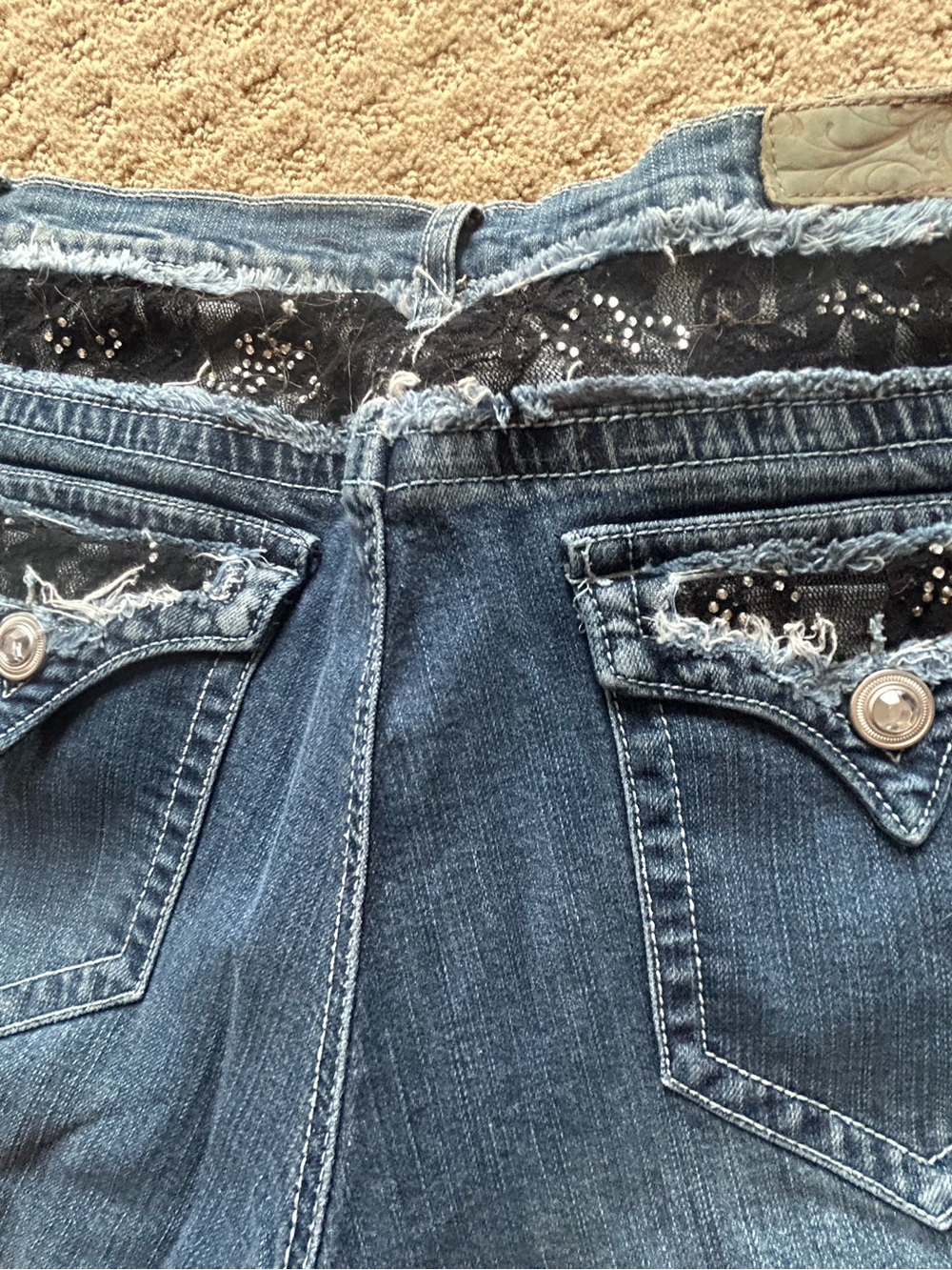Dark Wash Women’s Jeans with Distressed Rhinestone Trim